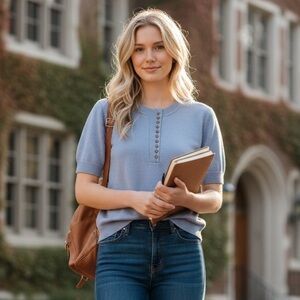 Böhme Sweater Women L Blue Pullover Buttons Short Sleeve‎ Knit Soft Puff Sleeve